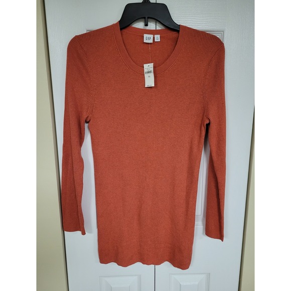 GAP Women's L Tall Ribbed Knit Crewneck Long Sleeve Top Burnt Orange - Picture 1 of 3